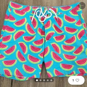 Men’s Bonobos Swim Trunks in Aqua Watermelon Print; Size Medium